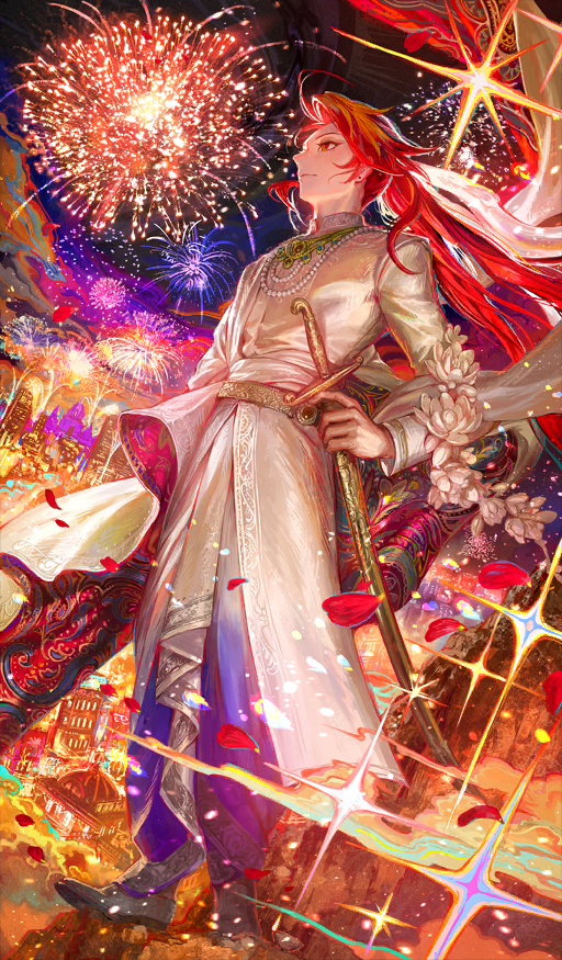 1boy, ahoge, closed_mouth, clothing_request, commentary_request, dutch_angle, egawa_akira, fate/grand_order, fate_(series), fireworks, full_body, game_cg, indra_no_dai_shiren, long_hair, long_sleeves, male_focus, night, night_sky, official_alternate_costume, official_art, ponytail, rama_(fate), red_eyes, red_hair, sheath, sheathed, sky, solo, standing, third-party_source