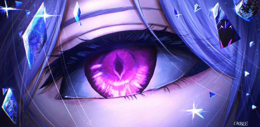 1girl, 3boys, absurdres, aether_(genshin_impact), artist_name, blue_hair, calbee_draws, close-up
