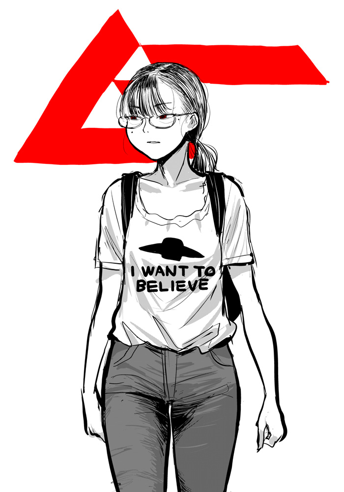 1girl, backpack, bag, blunt_bangs, commentary, denim, english_text, gekkan_mu