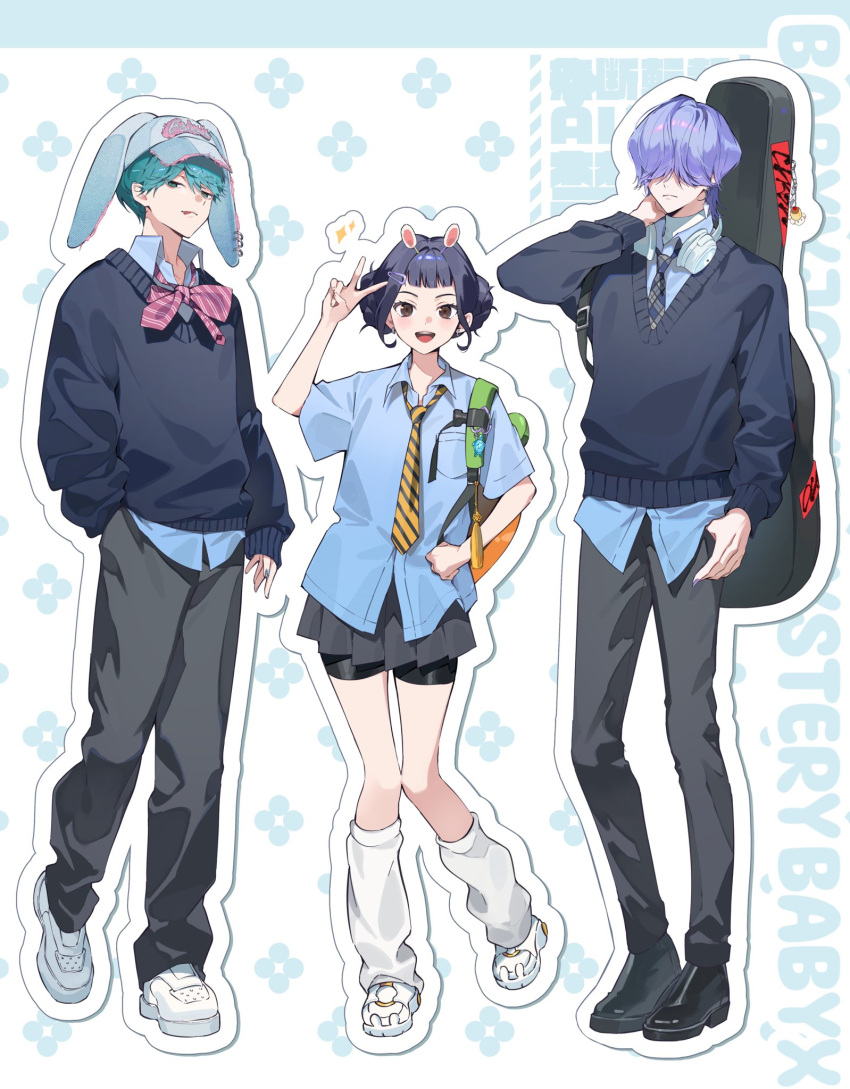 1girl, 2boys, alternate_costume, animal_ears, aqua_eyes, aqua_hair, aqua_nails, arm_up
