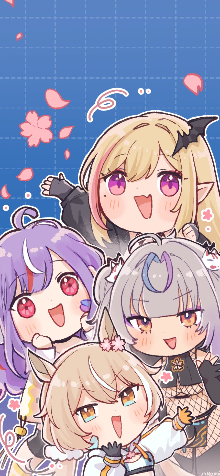 4girls, ahoge, animal_ears, bandaid, bandaid_on_cheek, bandaid_on_face, bat_hair_ornament, biscotti_(vtuber)