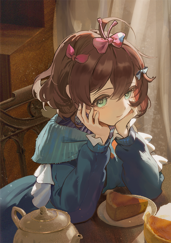 1girl, ahoge, blue_bow, blue_dress, blue_eyes, blue_scarf, bow, brown_hair, cake, cake_slice, cccc2445, cropped, curtains, dress, flutterpage, food, hair_bow, hands_on_own_cheeks, hands_on_own_face, indoors, looking_at_viewer, multiple_hair_bows, pink_bow, plate, reverse:1999, scarf, short_hair, solo, teapot, upper_body