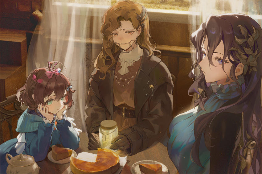 3girls, ahoge, black_hair, blue_bow, blue_dress, blue_eyes, blue_scarf, bow