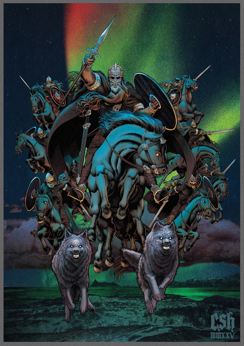 absurdres, armor, artist_name, aurora, chainmail, christian_sloan_hall, clouds, flying