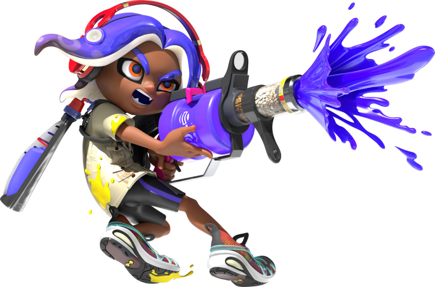 .96_gal_(splatoon), 1boy, 3d, bike_shorts, blue_hair, dark_skin, dynamic_pose, firing