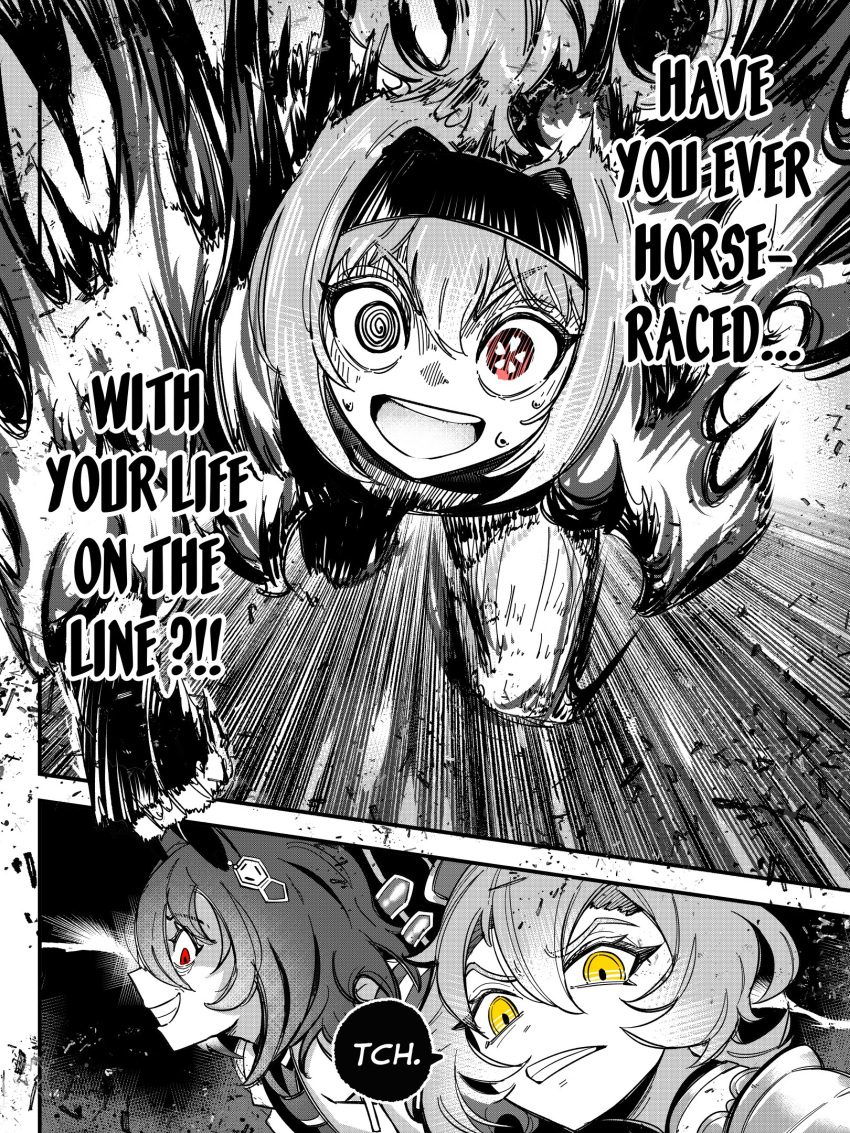 3girls, agnes_tachyon_(umamusume), animal_ears, blue_lock, english_commentary, english_text, evil_grin, evil_smile, grin, hairband, haru_urara_(umamusume), highres, horse_ears, horse_girl, long_hair, multiple_girls, open_mouth, red_eyes, running, sakanaflyer, scene_reference, smile, speech_bubble, spot_color, sweat, t.m._opera_o_(umamusume), umamusume, yellow_eyes
