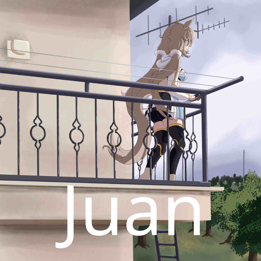 1girl, absurdres, animal_ears, ass, balcony, belt, bike_shorts, bike_shorts_under_skirt