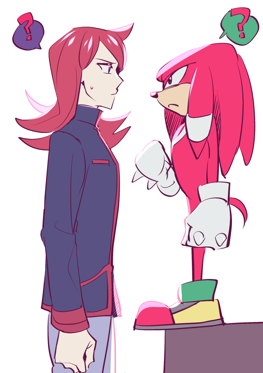 2b_(ivy_vs_), 2boys, ?, absurdres, clenched_hands, crossover, furry, furry_male, gloves, highres, knuckles_the_echidna, looking_at_another, male_focus, multiple_boys, pokemon, pokemon_hgss, red_hair, silver_(pokemon), sonic_(series), standing, white_gloves