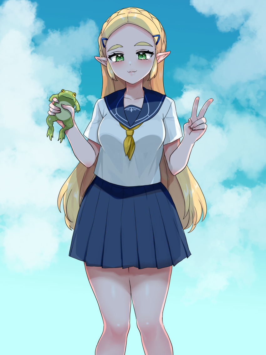 1girl, :3, alternate_costume, animal, blonde_hair, blue_sailor_collar, blue_skirt, blue_sky