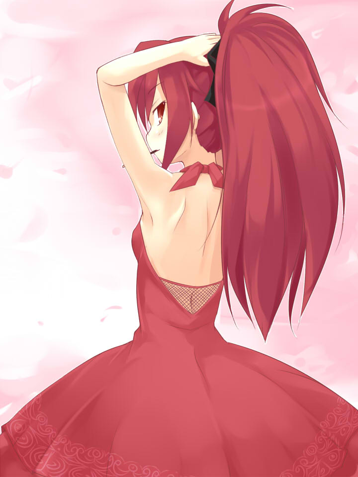 adjusting_hair, armpits, arms_up, back, dress, hair_ribbon, long_hair, looking_back