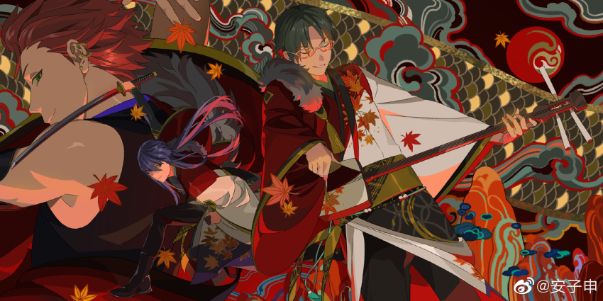 3boys, anzishen, black_boots, boots, earrings, ensemble_stars!, green_hair, highres