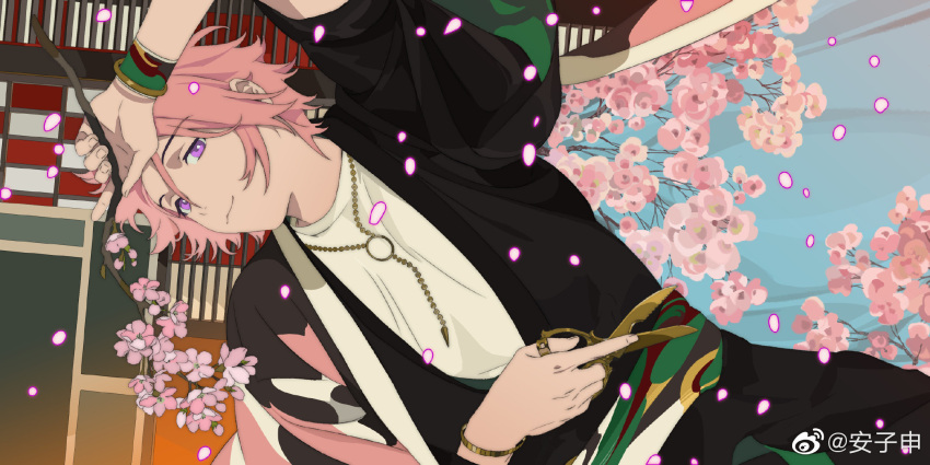 1boy, anzishen, bracelet, cherry_blossoms, ensemble_stars!, highres, jewelry, lying
