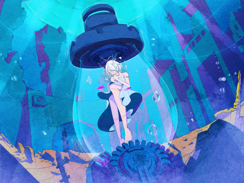 1girl, absurdres, air_bubble, aqua_theme, barcode, barcode_tattoo, bare_arms, bare_shoulders
