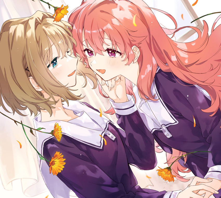 2girls, aono_nachi, aqua_eyes, bob_cut, brown_hair, curtains, double-parted_bangs, dutch_angle