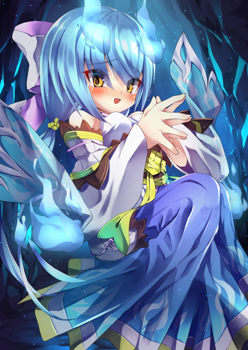 1girl, bare_shoulders, blue_hair, embarrassed, emil_chronicle_online, fireball, ghost, ghost_girl, hair_ribbon, hakama, highres, japanese_clothes, open_mouth, palms_together, raised_inner_eyebrows, ribbon, wisp_alma, yellow_eyes, yupi828