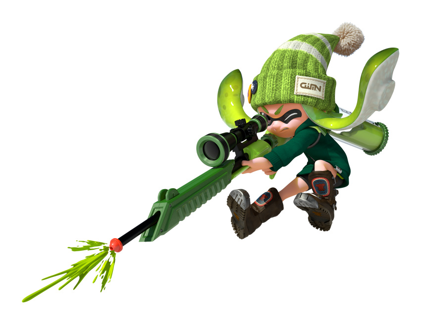 1girl, 3d, aiming, beanie, bike_shorts, boots, brown_boots, brown_eyes