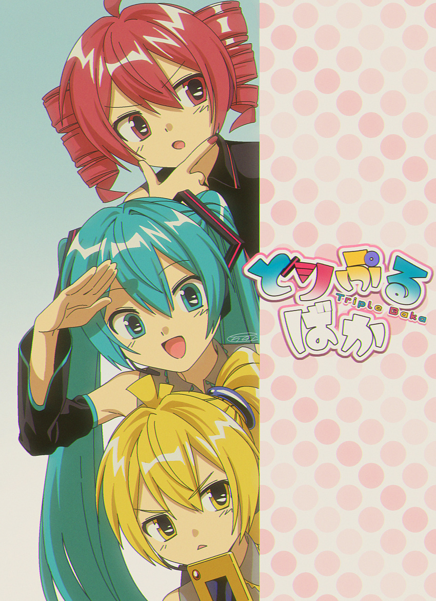 1990s_(style), 3girls, :d, :o, absurdres, ahoge, akita_neru, antenna_hair
