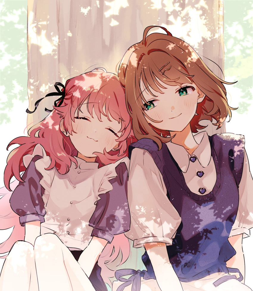 2girls, :3, ahoge, aono_nachi, black_ribbon, black_skirt, blush, bow, brown_hair, buttons, choppy_bangs, closed_eyes, closed_mouth, collared_shirt, curtains, dappled_sunlight, day, dot_nose, dress, frilled_dress, frills, green_eyes, hair_intakes, hair_ribbon, heart_button, highres, kagari_mimi, kimi_ga_shinu_made_koi_wo_shitai, knees_up, leaning_on_person, leaning_to_the_side, long_hair, looking_at_another, multiple_girls, official_art, outdoors, pink_hair, purple_bow, purple_shirt, purple_sweater_vest, ribbon, shadow, shirt, short_hair, short_sleeves, sideways_glance, sitting, skirt, smile, sunlight, sweater_vest, totsuki_shiina, upper_body, vest, waist_bow, wavy_hair, white_shirt, white_vest, window, yuri