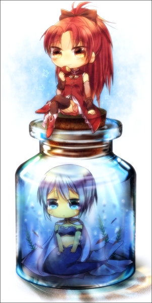 apple, blue_eyes, blue_hair, bottle, bottle_meme_(pixiv), cape, chibi, food
