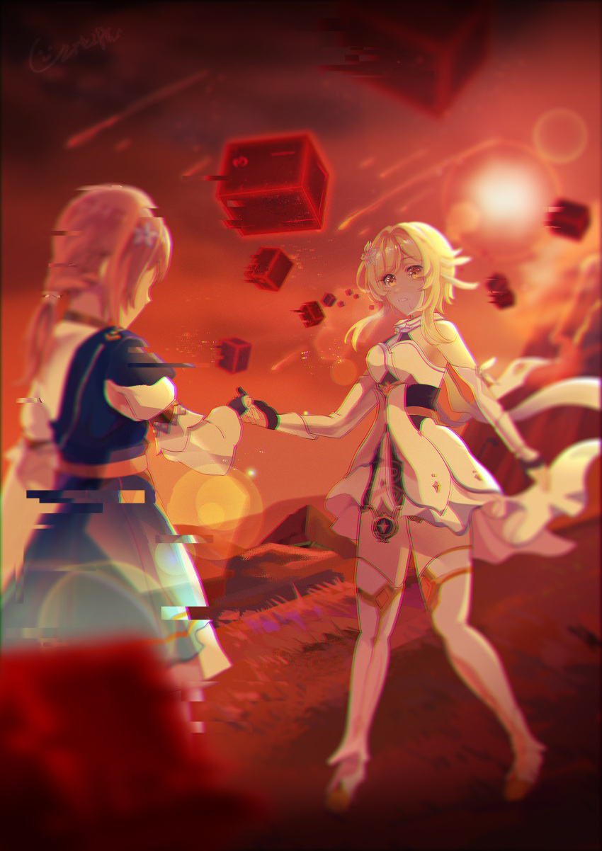 2girls, absurdres, black_gloves, blonde_hair, breasts, brown_hair, direidyth_(genshin_impact), dress