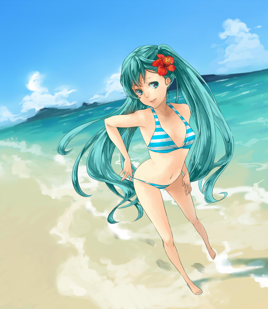 adjusting_swimsuit, aqua_eyes, aqua_hair, bad_id, beach, bikini, dutch_angle, flower