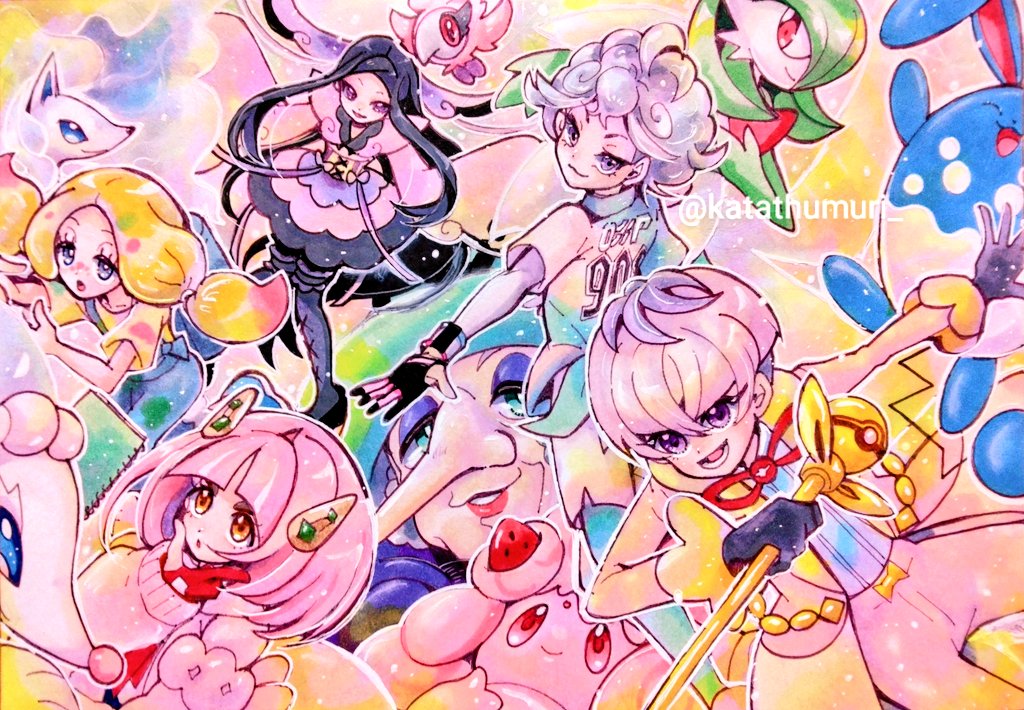 alcremie, alcremie_(strawberry_sweet), alolan_ninetales, artist_name, azumarill, bede_(pokemon), black_hair, blonde_hair