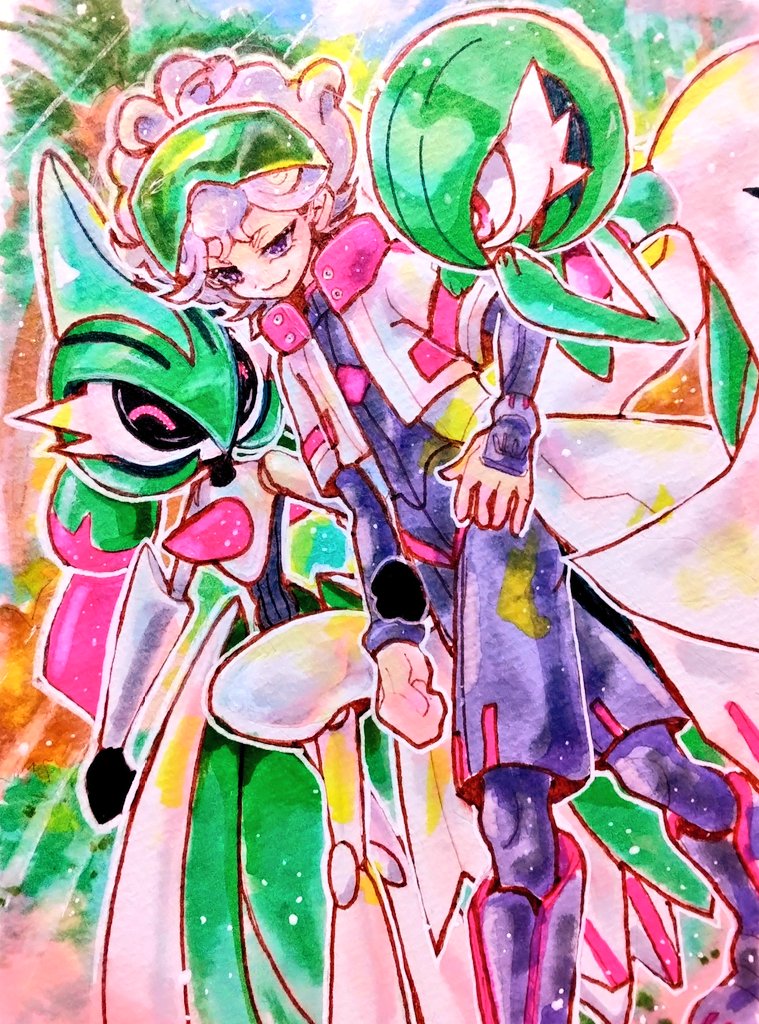 1boy, armor, bede_(pokemon), bede_(sygna_suit)_(pokemon), bob_cut, colored_skin, eyewear_on_head, gardevoir
