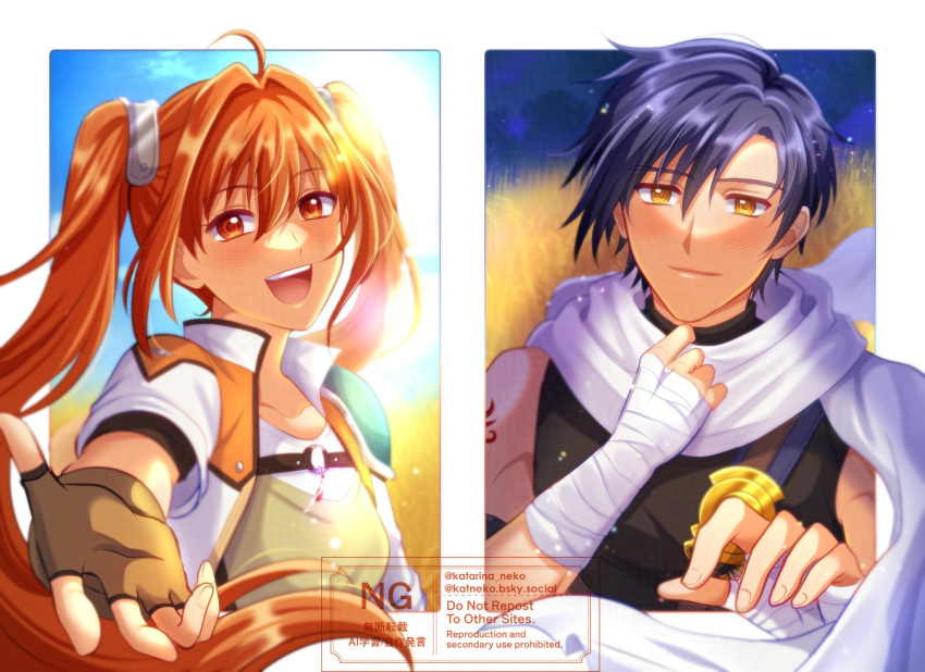 1boy, 1girl, antenna_hair, armor, bandaged_arm, bandages, black_hair, double-parted_bangs