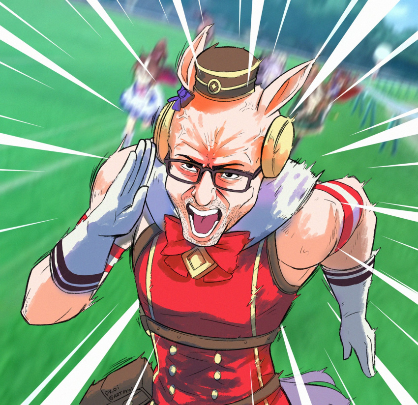 1boy, anger_vein, animal_ears, blurry, blurry_background, bow, bowtie, dress, ear_covers, ear_ornament, ear_ribbon, glasses, gloves, gold_ship_(umamusume), highres, horse_ears, horse_tail, northernlion, open_mouth, pillbox_hat, pkoi, real_life, red_bow, red_bowtie, red_dress, symboli_rudolf_(umamusume), tail, tokai_teio_(umamusume), umamusume, white_gloves