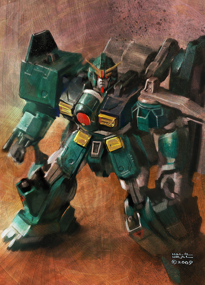 faux_traditional_media, gundam, gundam_leopard, halil_ural, mecha, solo, speed_painting