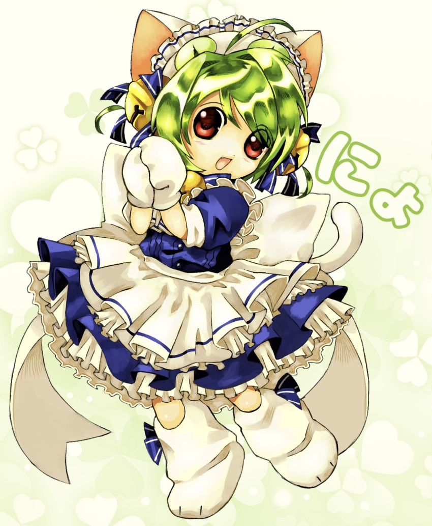 1girl, animal_hat, apron, bell, blue_dress, cat_hat, cat_tail, dejiko