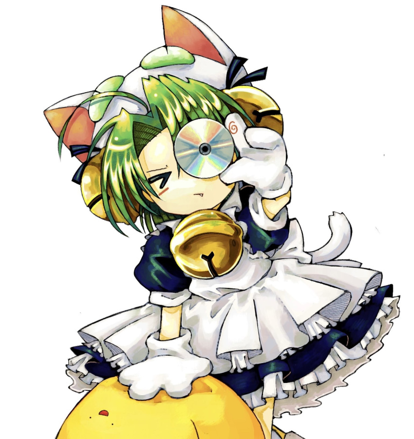 >_<, 1girl, animal_hat, blue_dress, cat_hat, cd, curtained_hair, dejiko, di_gi_charat, disc_(object), dress, eumillipes, facing_viewer, fang, gema, gloves, green_hair, hat, highres, holding_cd, necktie, open_mouth, short_hair, simple_background, solo, white_background, white_dress, white_gloves