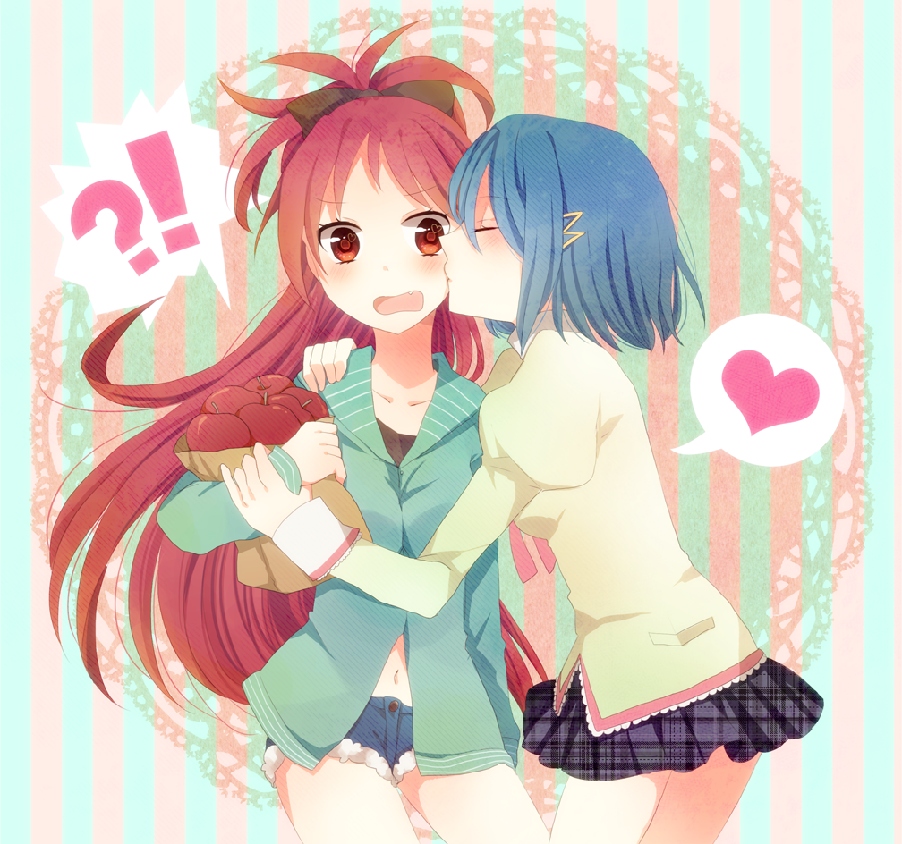 !, ?, amnos18, apple, blue_hair, blush, bow, denim, denim_shorts, food, fruit, hair_bow, heart, kiss, long_hair, mahou_shoujo_madoka_magica, miki_sayaka, ponytail, red_eyes, red_hair, redhead, sakura_kyouko, school_uniform, shorts, spoken_heart, yuri