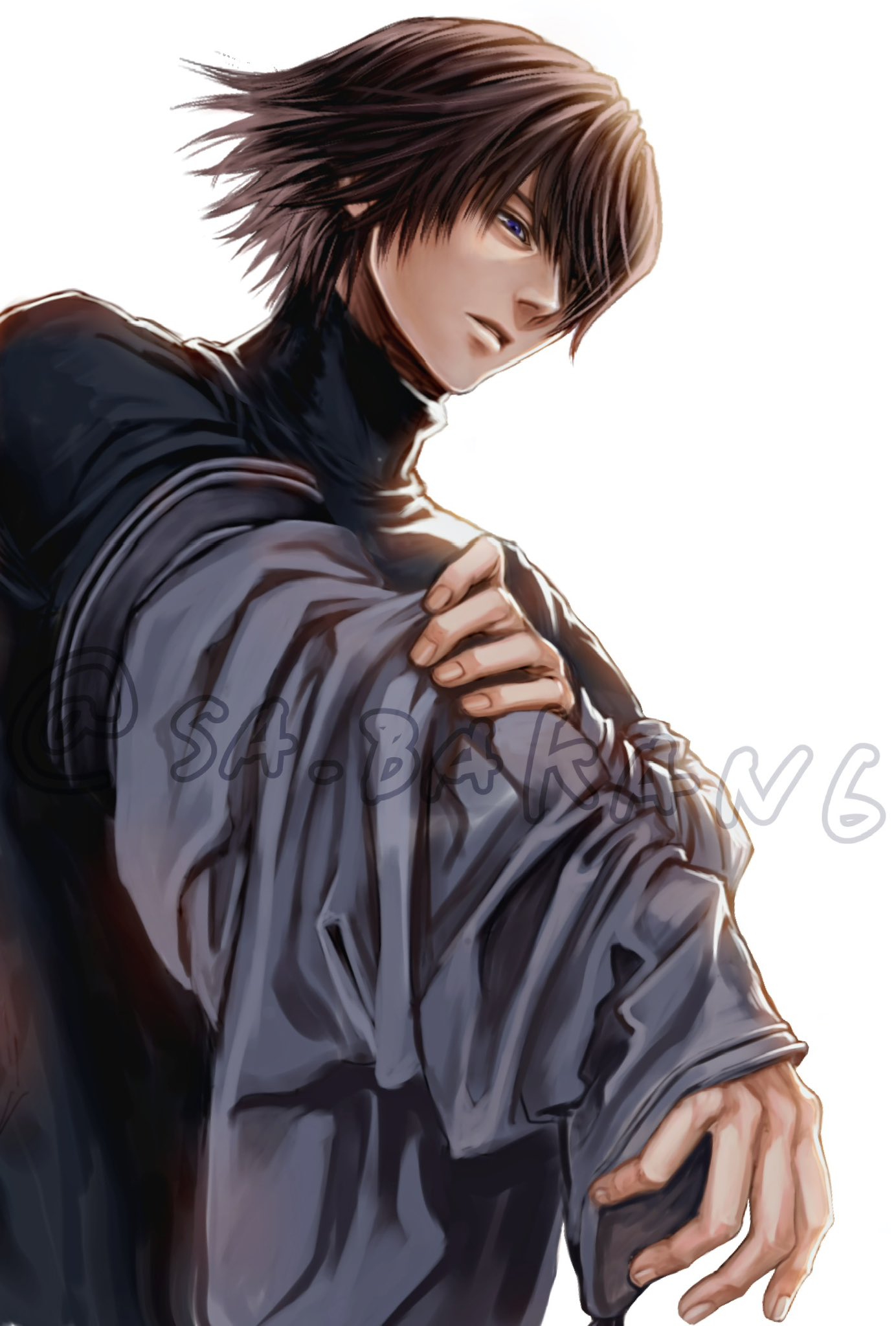 1boy, artist_name, black_jacket, blue_eyes, brown_hair, caim_(drag-on_dragoon), commentary_request, drag-on_dragoon