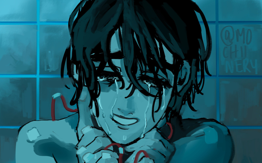 2girls, absurdres, alien_stage, black_eyes, black_hair, crying, half-closed_eyes, hands_on_another's_neck
