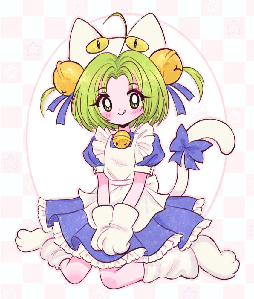 1girl, ahoge, animal_hat, bell, blue_dress, blush, bow, bright_pupils