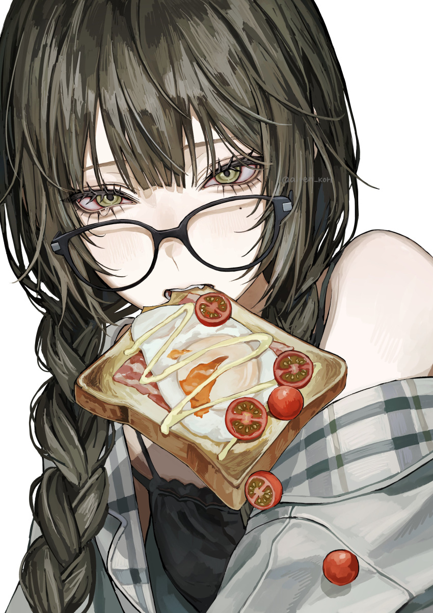 1girl, absurdres, airen_kori, artist_name, bacon, black-framed_eyewear, black_hair, bread, bread_slice, cherry_tomato, egg_(food), eyelashes, food, food_in_mouth, glasses, green_eyes, highres, looking_at_viewer, mole, mole_under_eye, mouth_hold, original, simple_background, solo, toast, toast_in_mouth, tomato, twitter_username, watermark, white_background