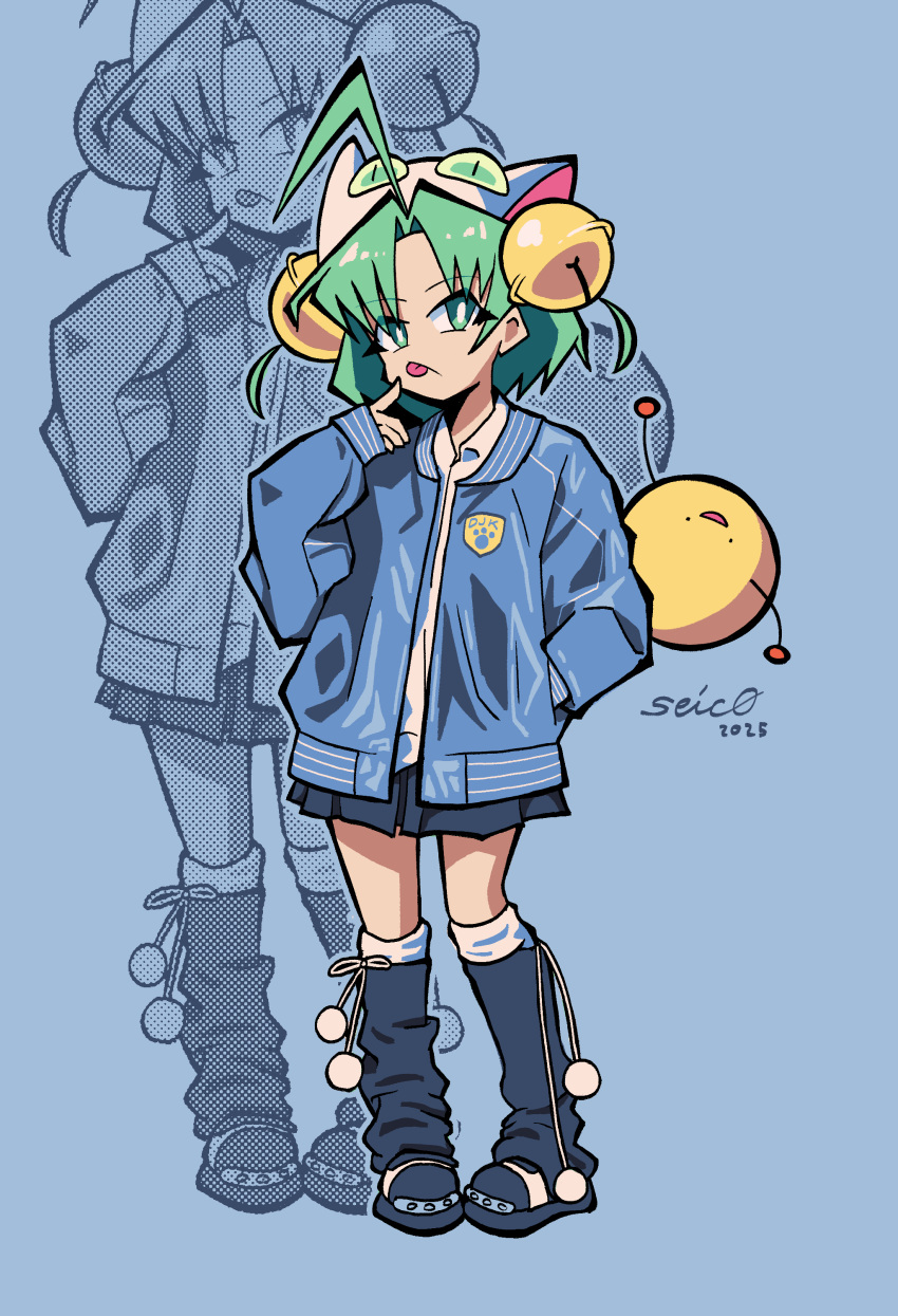 1girl, absurdres, ahoge, animal_hat, blue_jacket, cat_hat, dejiko, di_gi_charat