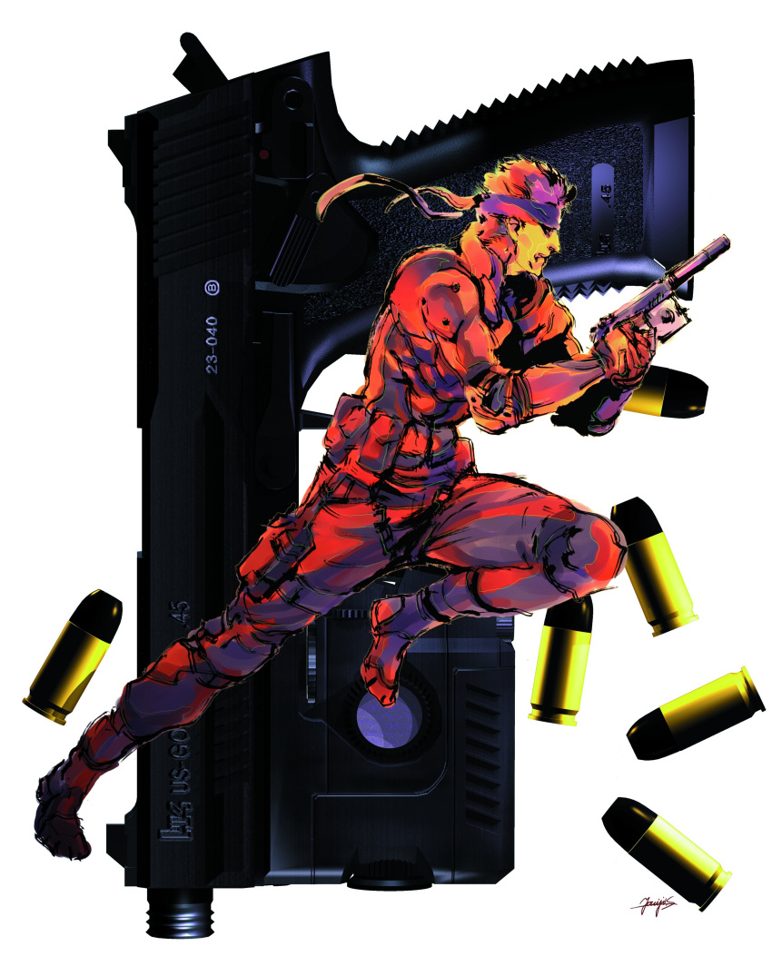 1boy, 3d_background, absurdres, bandana, belt, brown_hair, bullet, elbow_pads