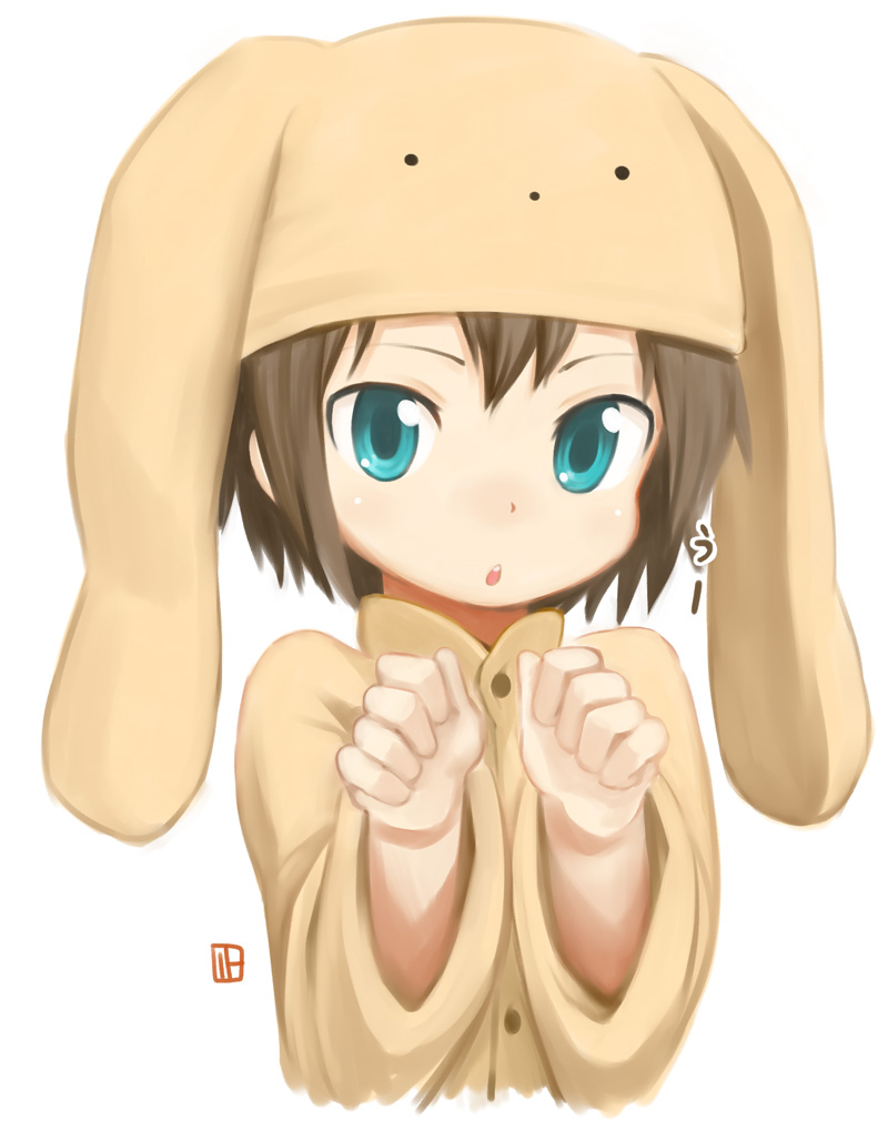 animal_ears, animal_hat, blue_eyes, brown_hair, bunny_ears, bunny_hat, bunny_hood, hat