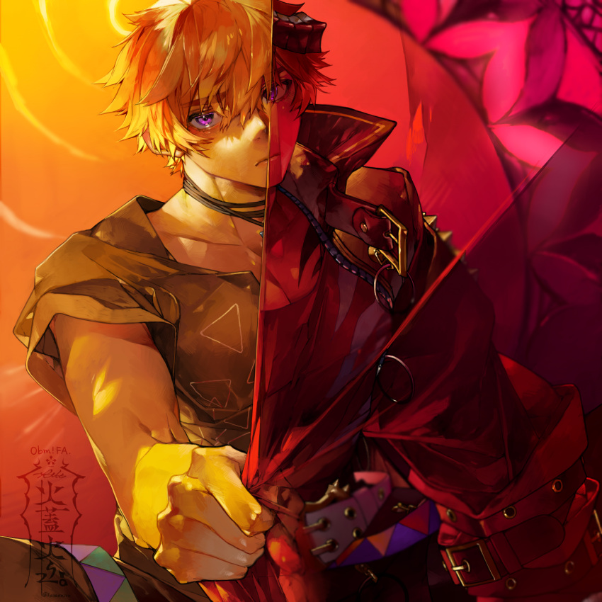 1boy, beelzebub_(obey_me!), belt, black_horns, black_jacket, closed_mouth, collarbone, curtain_grab