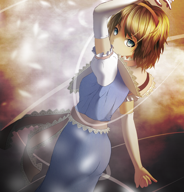 alice_margatroid, arm_up, ass, blonde_hair, blue_eyes, capelet, dress, elbow_gloves