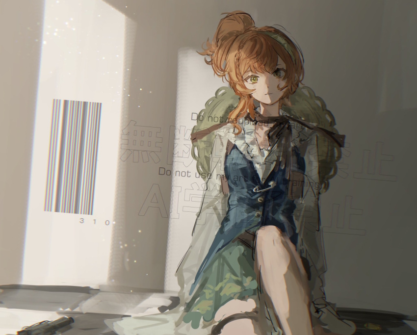 1girl, against_wall, blue_vest, feet_out_of_frame, green_eyes, green_hairband, hairband, hat