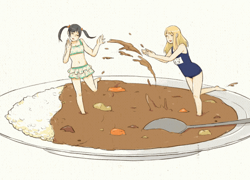 barefoot, bikini, bikini_skirt, food, girl_in_food, in_food, minigirl, multiple_girls