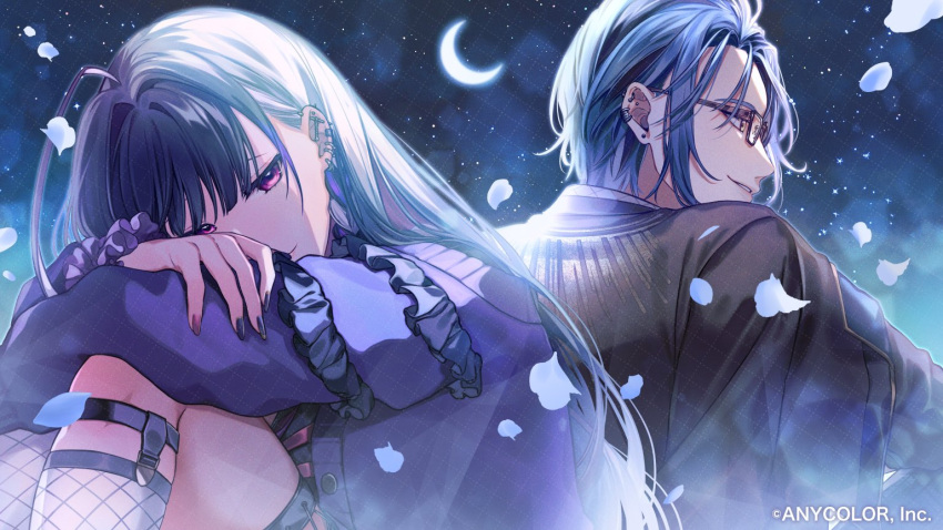 1boy, 1girl, ahoge, asymmetrical_legwear, back-to-back, black_coat, black_hair, black_shirt