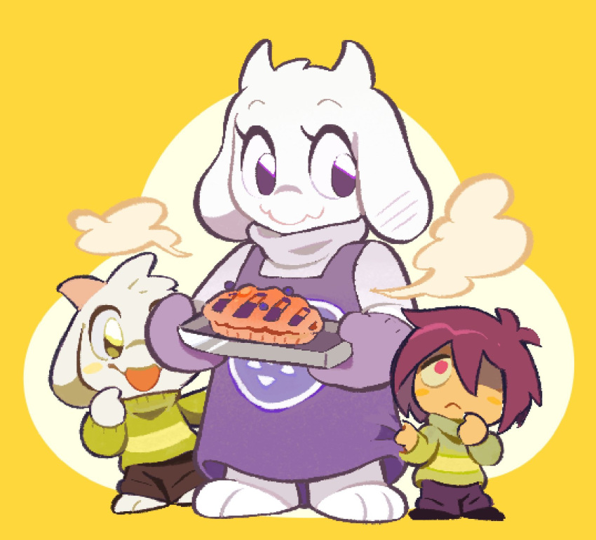 1boy, 1girl, 1other, ache13337003, animal_ears, asriel_dreemurr, black_pants, chara_(undertale), chibi, closed_mouth, food, furry, furry_female, furry_male, goat_boy, goat_girl, green_sweater, hair_between_eyes, highres, horns, open_mouth, oven_mitts, pants, pie, red_eyes, red_hair, simple_background, steam, sweater, toriel, undertale