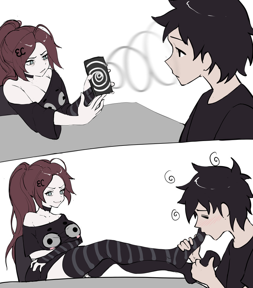 1boy, 1girl, absurdres, breasts, brown_hair, cellphone, eternalchan, feet