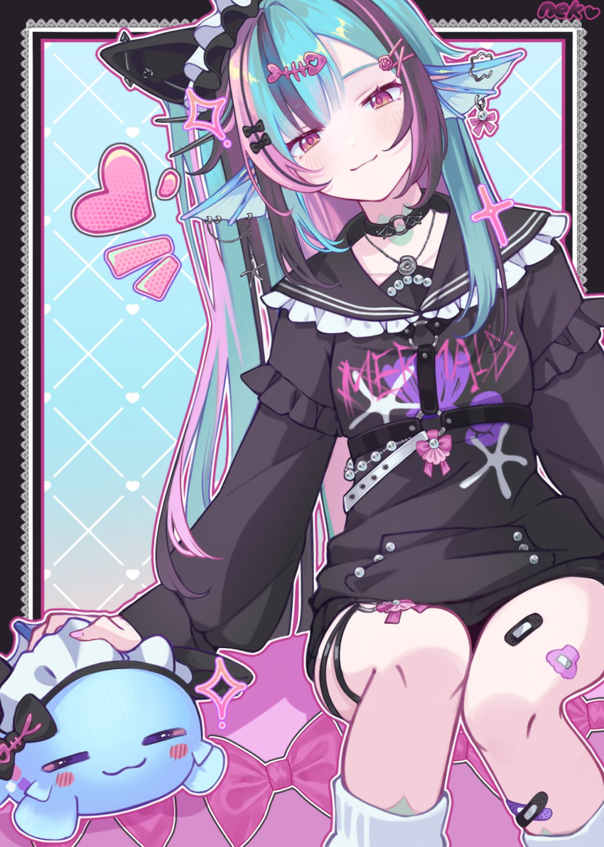 1girl, :3, aqua_hair, artist_name, black_hair, chest_harness, choker, earrings