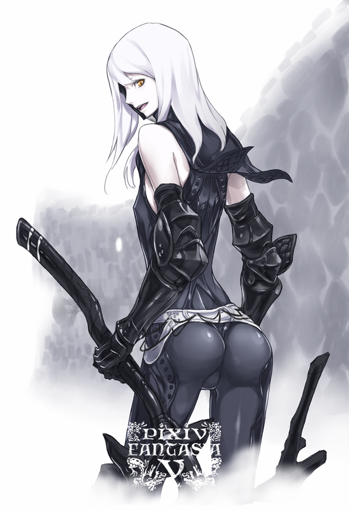 armor, ass, bare_shoulders, flat_chest, fog, fortmaster_cleska, from_behind, gauntlets