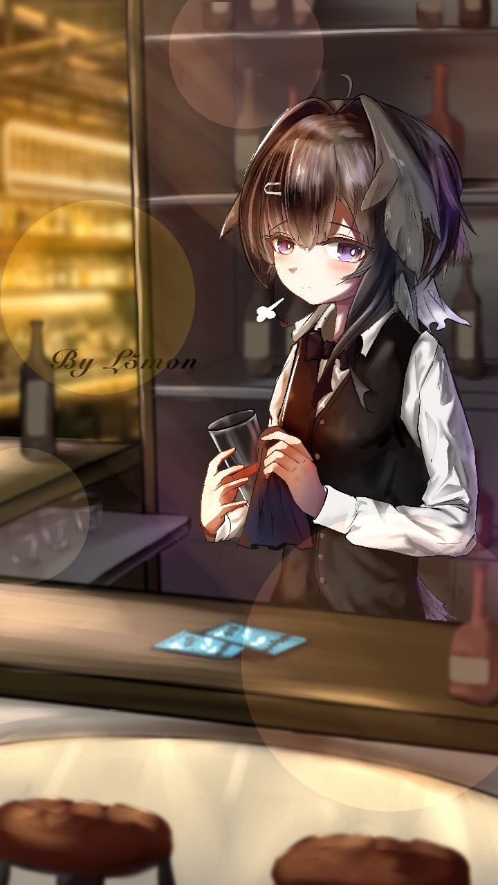 1girl, ahoge, arknights, artist_name, bar_(place), bartender, black_hair, black_vest, blush, bright_pupils, buttons, chinese_commentary, closed_mouth, commentary_request, counter, cup, dated, drinking_glass, hair_intakes, hair_ornament, hairclip, handkerchief, highres, holding, holding_handkerchief, indoors, l5mon_meng, la_pluma_(arknights), lens_flare, long_sleeves, looking_at_viewer, shirt, short_hair, solo, vest, violet_eyes, waistcoat, white_pupils, white_shirt